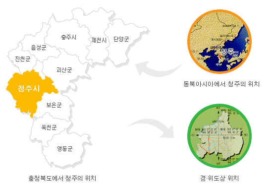 충청북도청주의위치,동아시아에서 청주위치,경도 위도상의 청주위치 표시
