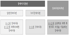 장애아반의 구성-장아애전문 위치 상단 오른쪽에는 '장애아방과후반' 상단왼쪽은 '장애아기본반' 바로 밑 왼쪽은 '일반장애아반'오른쪽은 '누리장애아반'그 밑 가장 왼쪽부터 '0~2세 장애아동 6~12세 취학유예한 장애아동' 가운데 '3~5세 장애아동' 오른쪽'6~12세 초등학교 취학 후 방과후 과정을 이용하는 장애아동'